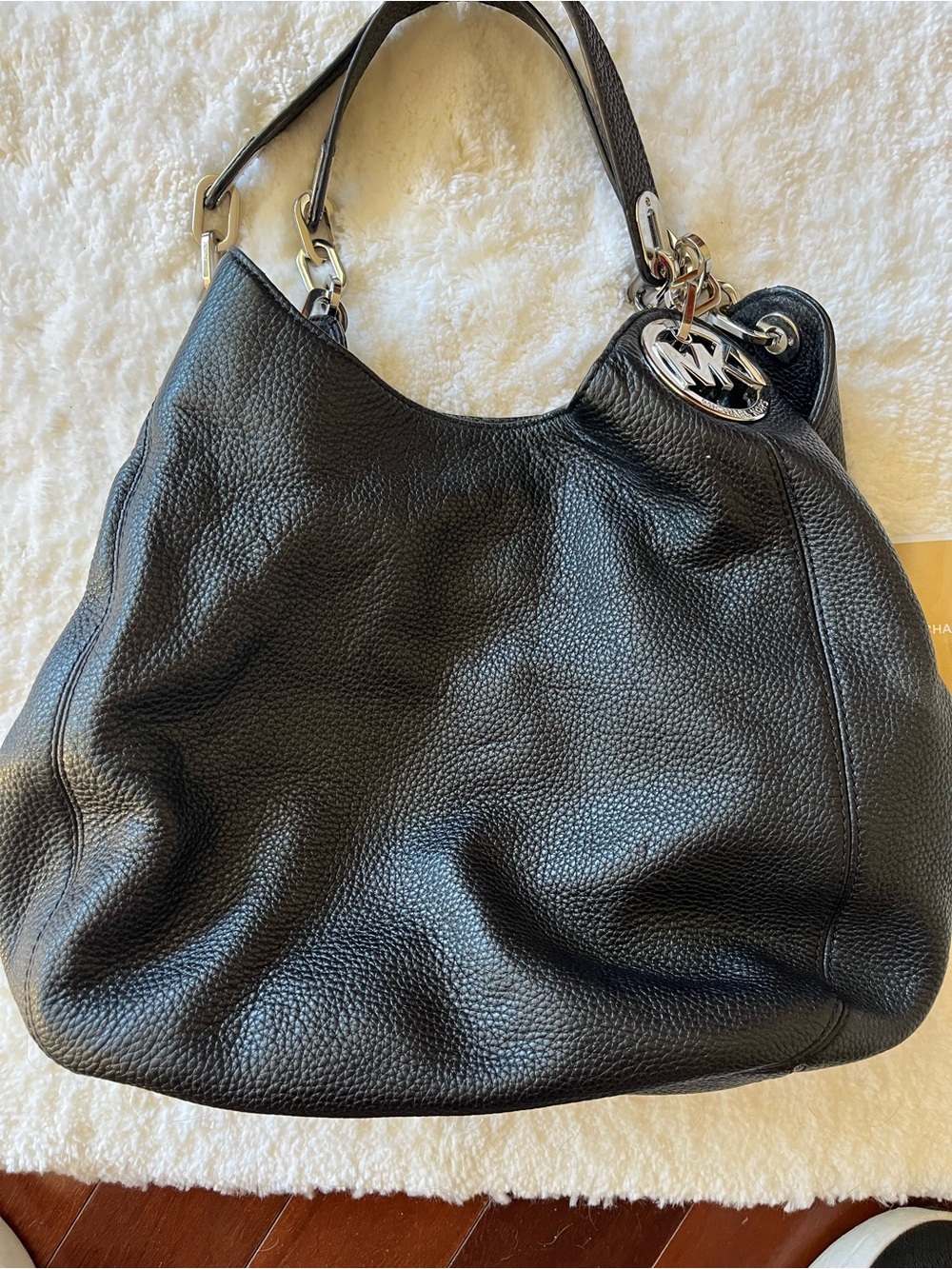 MICHAEL Michael Kors Black Pebbled Leather Shoulder Bag with Silver MK Charm - Picture 2 of 5